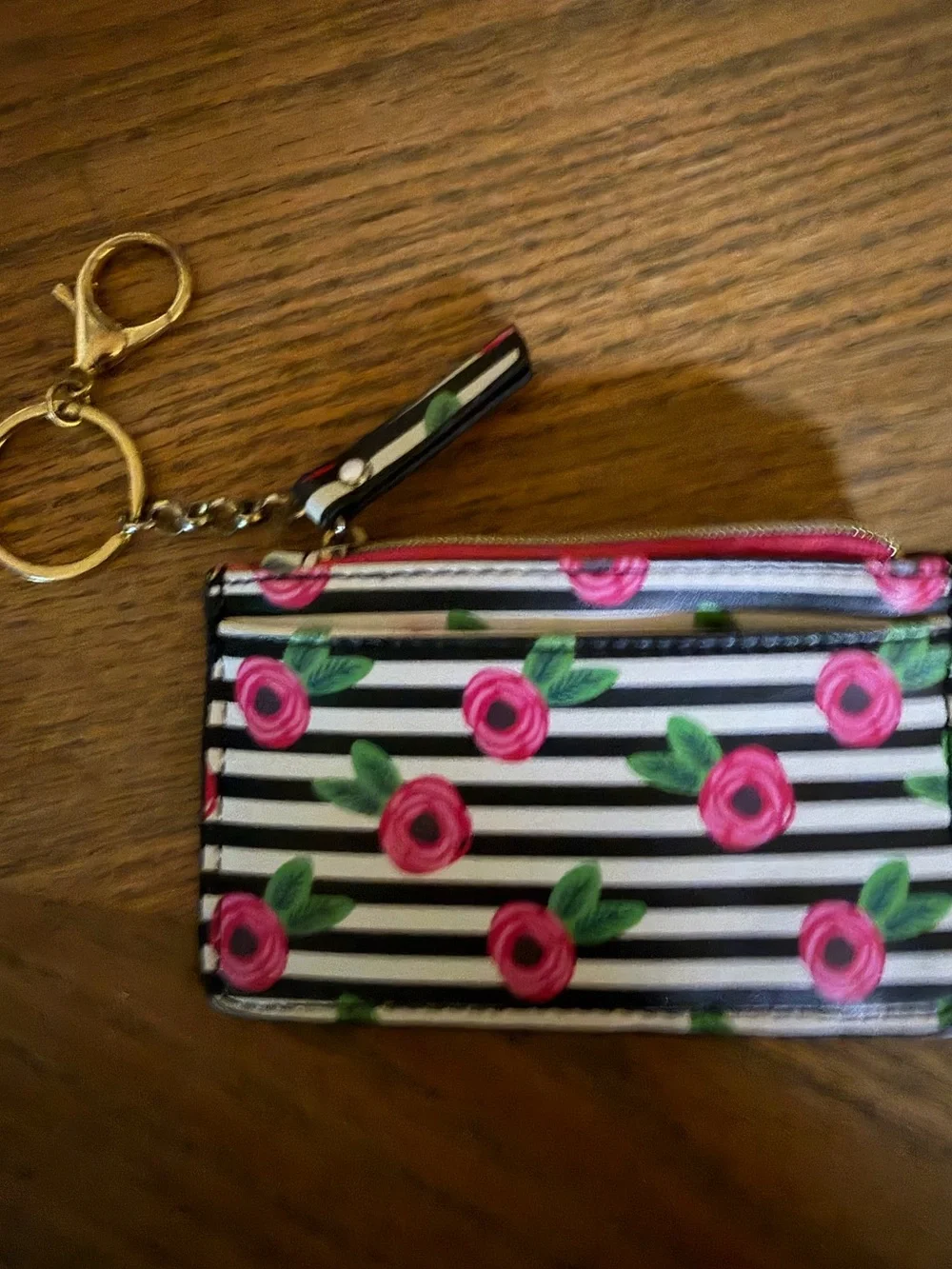 Floral Stripe Card Holder / Wallet with Keyring Pink Roses. Betsy J DUPE